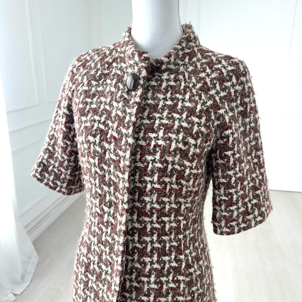 Semantiks Womens Brown Houndstooth Wool Blend Short Sleeve Coat Jacket Small - Picture 7 of 12